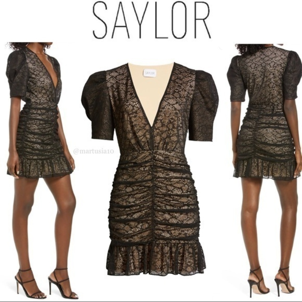 SAYLOR Reena Ruched Lace Cocktail Minidress